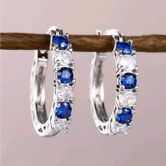 LUXURY BLUE DIAMOND Hoop EARRINGS - Picture 1 of 6